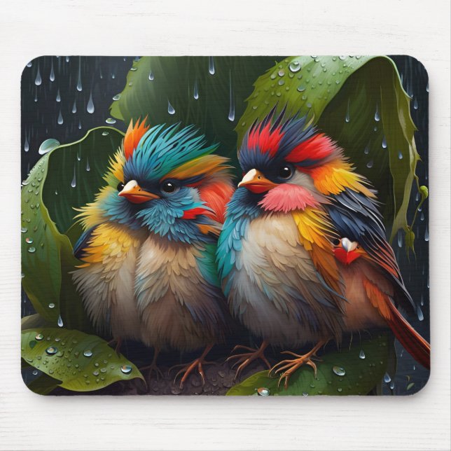 Adorable Fluffy Bunte Vögel im Regen Mousepad (Vorne)