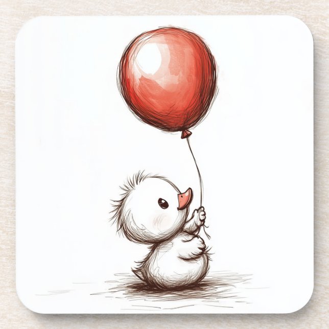 Adorable Fluffy Duckling mit Red Balloon Getränkeuntersetzer (Vorderseite)