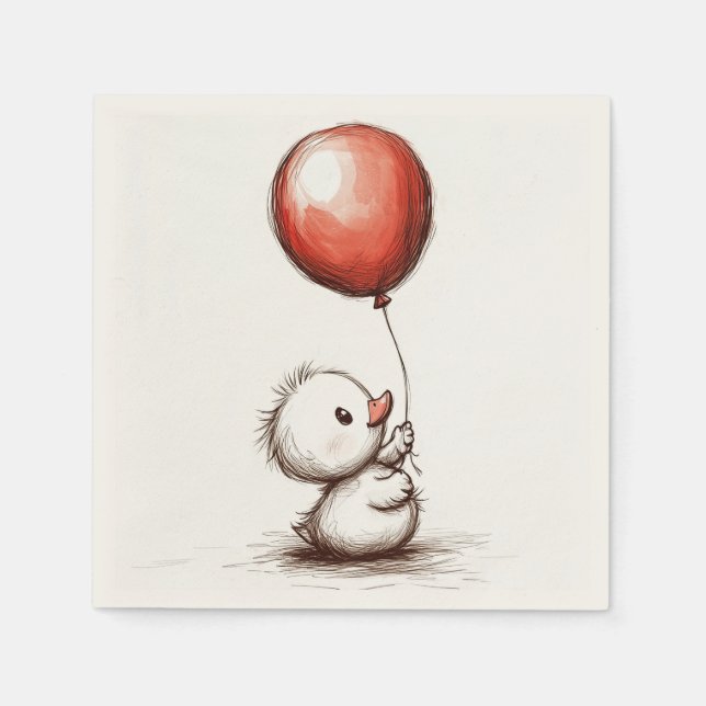 Adorable Fluffy Duckling mit Red Balloon Paper Serviette (Vorderseite)