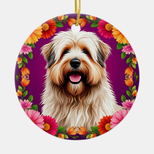Adorable Fluffy Hund mit Blume Keramik Ornament (Vorne)