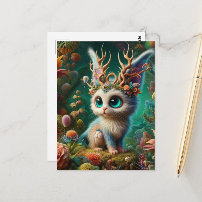 Adorable Fluffy Jackalope Kitten Critter Postkarte (Vorderseite/Rückseite Beispiel)