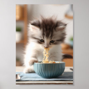 Adorable Fluffy Kitten Eating Ramen Noodles Poster