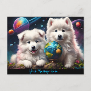 Adorable Fluffy Samoyed Welpen, Erde Postkarte