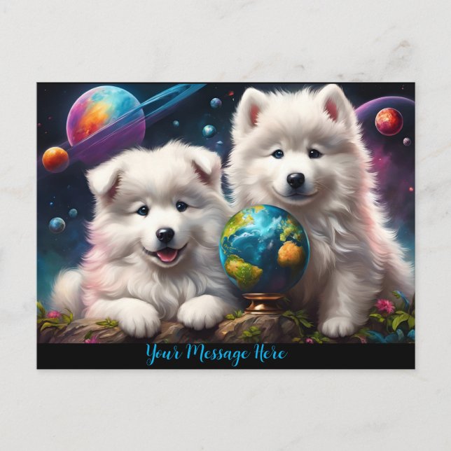 Adorable Fluffy Samoyed Welpen, Erde Postkarte (Vorderseite)