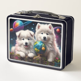Adorable Fluffy Samoyed Welpen, Planeten Erde Metall Brotdose