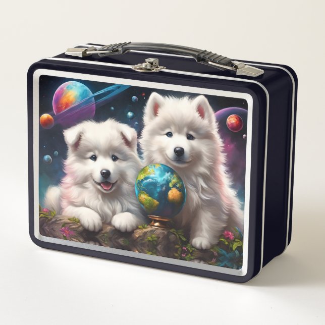 Adorable Fluffy Samoyed Welpen, Planeten Erde Metall Brotdose (Vorderseite)
