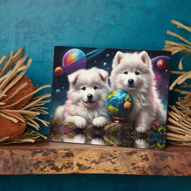 Adorable Fluffy Samoyed Welpen, Space Earth Globe Fotoplatte (Seite)