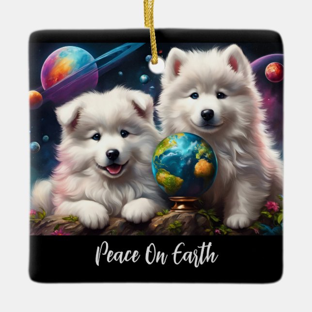 Adorable Fluffy Samoyed Welpen, Weltfrieden Keramikornament (Vorderseite)
