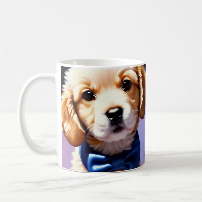 Adorable Fluffy Welpe w Niedlich Blue Bow Krawatte Kaffeetasse (Links)