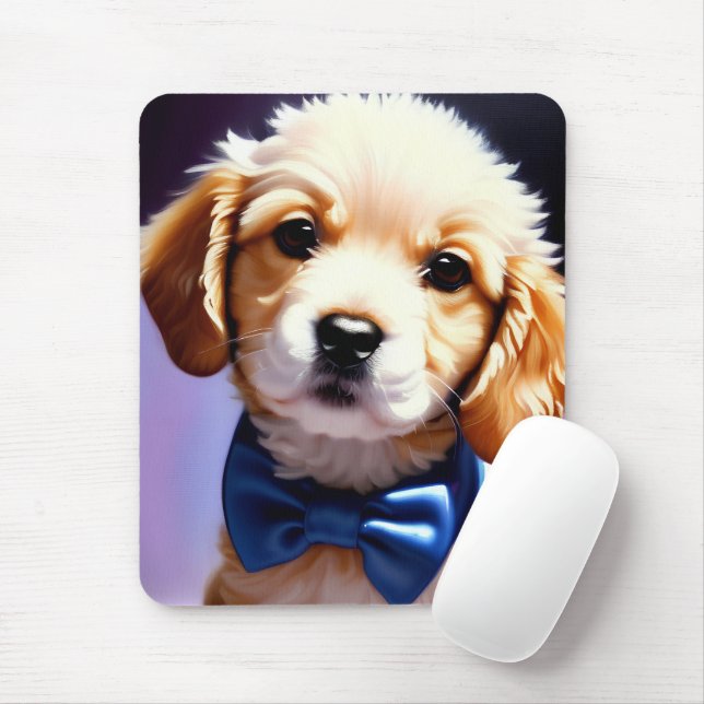 Adorable Fluffy Welpe w Niedlich Blue Bow Krawatte Mousepad (Mit Mouse)