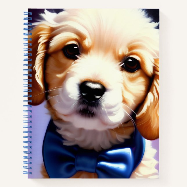 Adorable Fluffy Welpe w Niedlich Blue Bow Krawatte Notizbuch (Vorderseite)