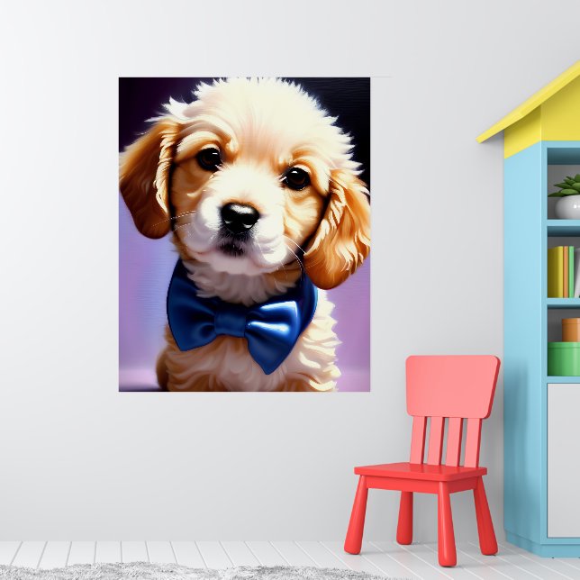 Adorable Fluffy Welpe w Niedlich Blue Bow Krawatte Poster (Kinderzimmer 1)
