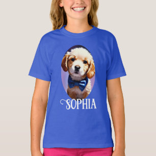 Adorable Fluffy Welpe w Niedlich Blue Bow Krawatte T-Shirt