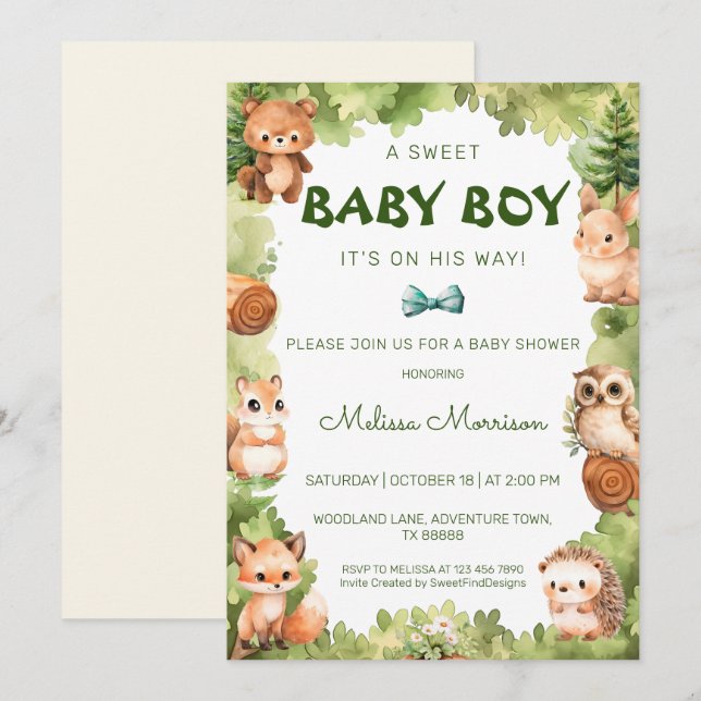Adorable Forest Animals Watercolor Kinderdusche Einladung (Vorne/Hinten)