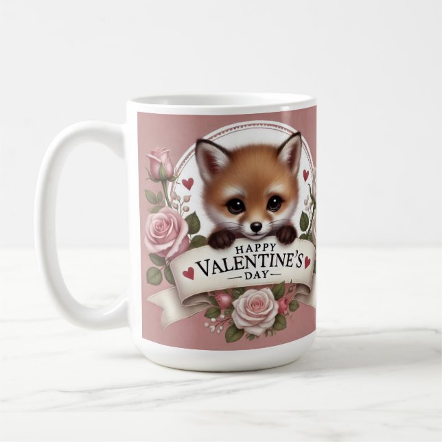 Adorable Fox Illustration mit Rose Kaffeetasse (Links)
