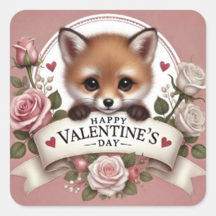 Adorable Fox Illustration mit Rose Quadratischer Aufkleber