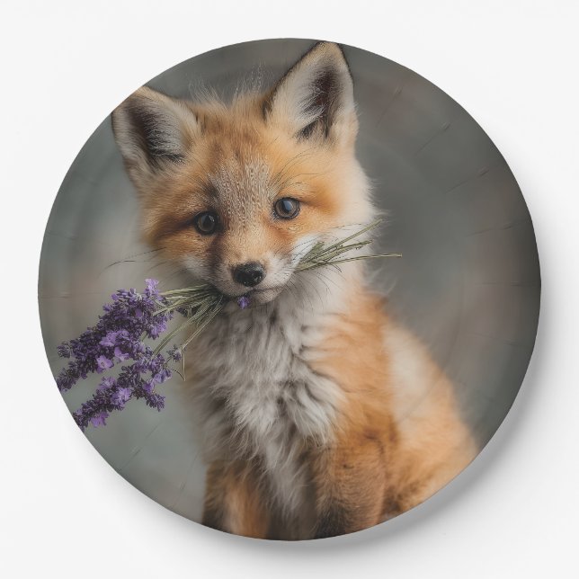 Adorable Fox Kit mit Lavendel-Blume Pappteller (Vorderseite)