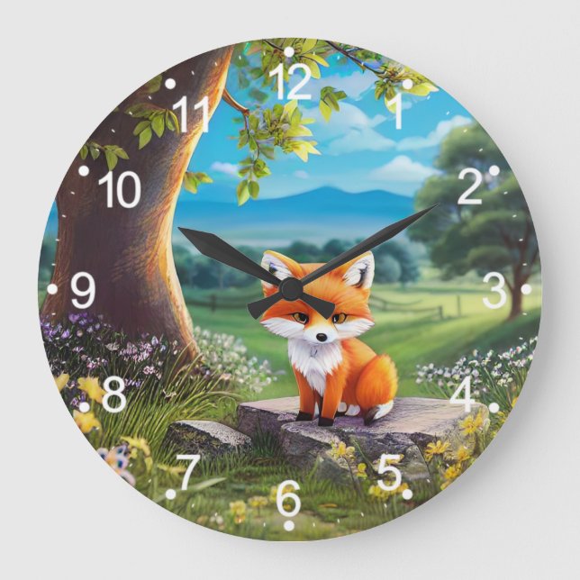 Adorable Fox sitzend unter Baum Große Wanduhr (Vorderseite)