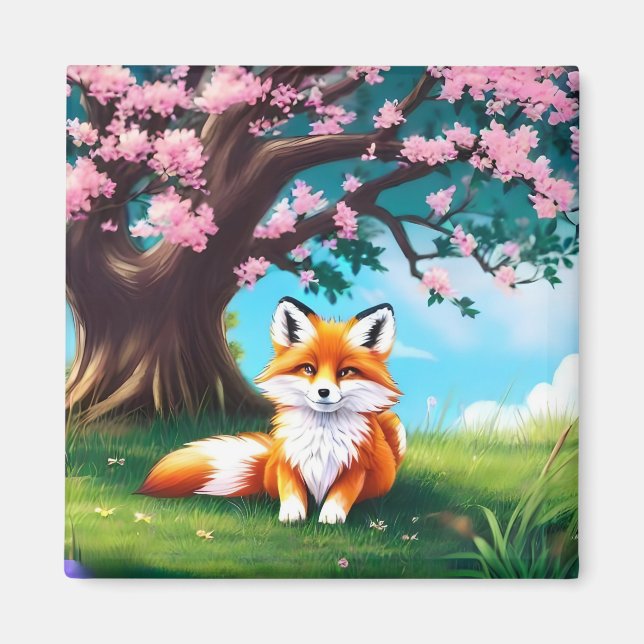 Adorable Fox sitzend unter Baum Magnet (Vorne)