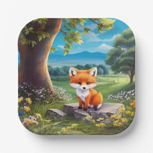 Adorable Fox sitzend unter Baum Pappteller (Vorderseite)