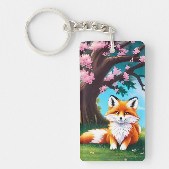 Adorable Fox sitzend unter Baum Schlüsselanhänger (Vorderseite)