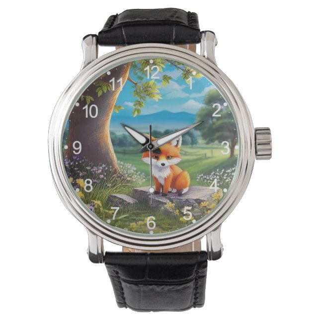 Adorable Fox sitzend unter Tree-68563 Armbanduhr (Vorderseite)