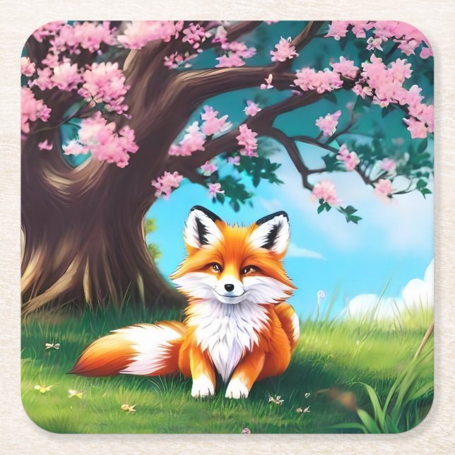 Adorable Fox sitzend unter Tree-68563 Rechteckiger Pappuntersetzer (Vorderseite)