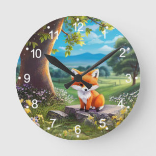 Adorable Fox sitzend unter Tree-68563 Runde Wanduhr