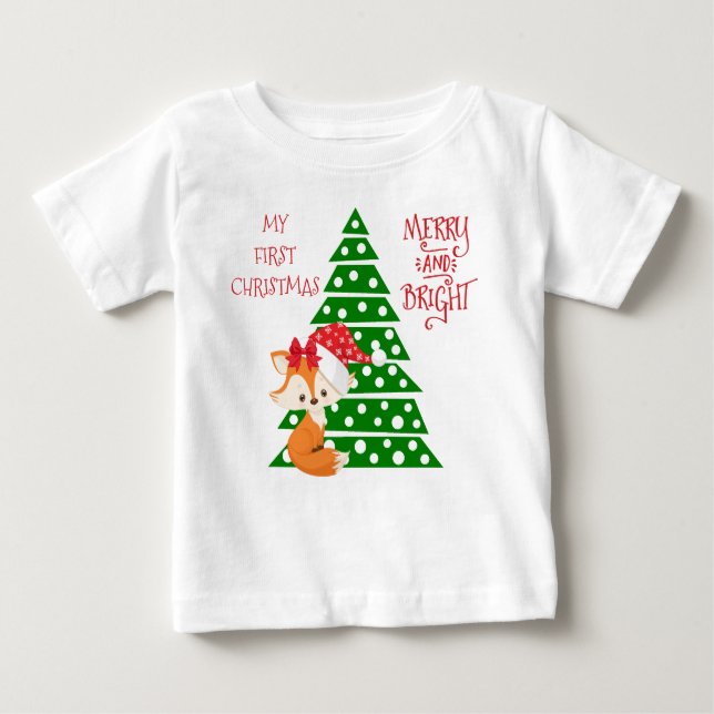 Adorable Fox und Weihnachtsbaum Baby T-shirt (Vorderseite)