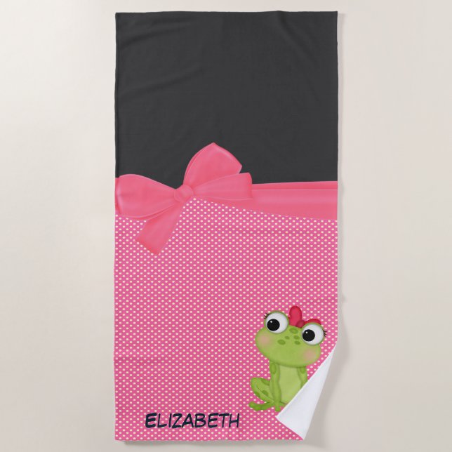 Adorable Frog, Polka Dots Personalisiert Strandtuch (Vorderseite)