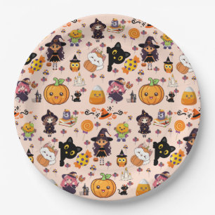 Adorable Funny Kawaii Halloween Muster Pappteller