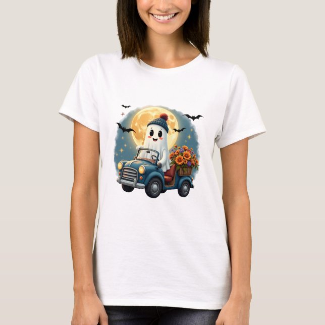 Adorable Ghost Driving Car Halloween Design mit F T-Shirt (Vorderseite)