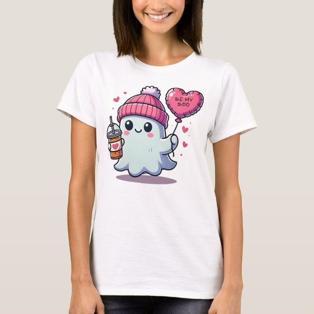 Adorable Ghost mit Herzballon - Sei mein Boo T-Shirt (Vorderseite)