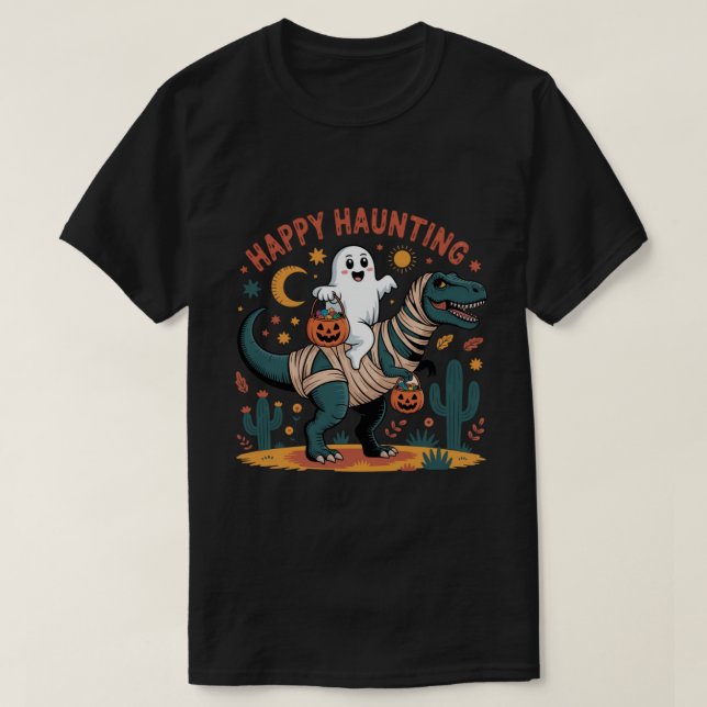 Adorable Ghost on Mummy Dinosaur - Funny Halloween T-Shirt (Design vorne)