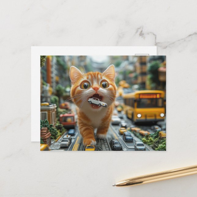 Adorable Ginger Cat isst ein Auto Postkarte (Vorderseite/Rückseite Beispiel)