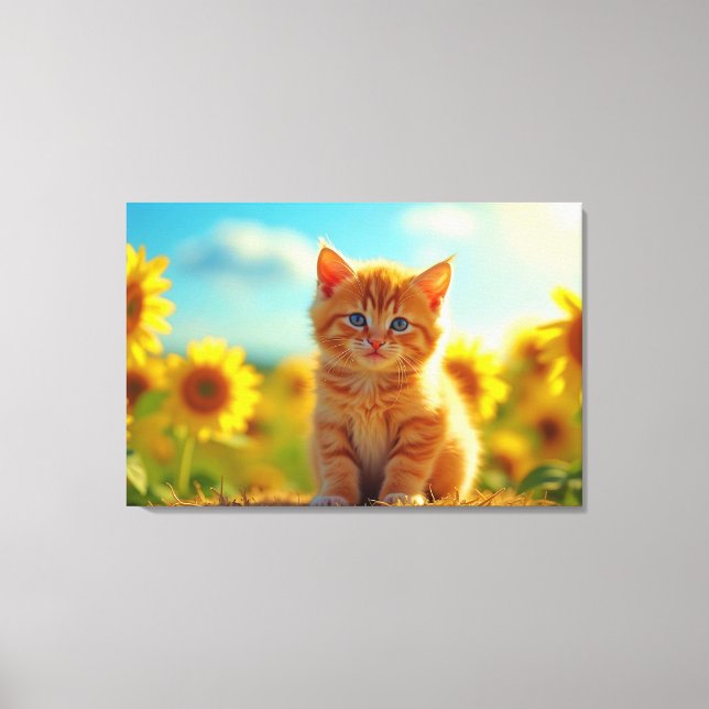 Adorable Ginger Kitten im Feld der Sonnenblumen Leinwanddruck (Vorderseite)