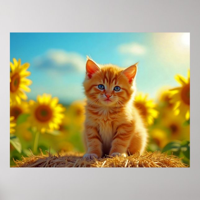 Adorable Ginger Kitten im Feld der Sonnenblumen Poster (Vorne)
