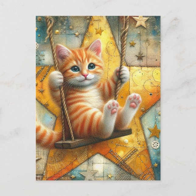 Adorable Ginger Kitten on Swing Postkarte (Vorderseite)