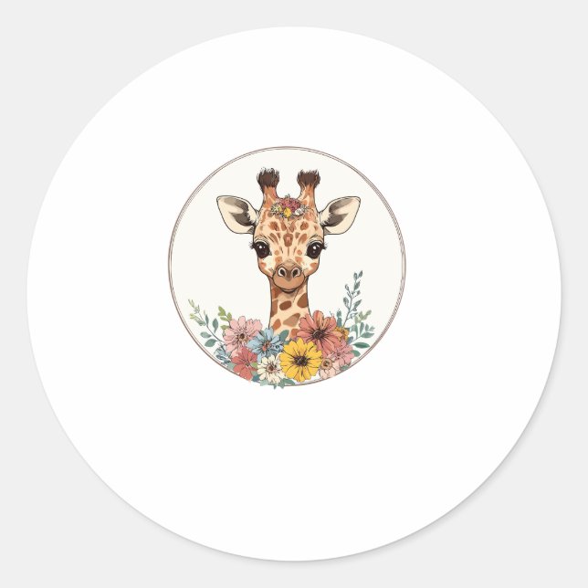 Adorable Giraffe mit Blume Runder Aufkleber (Vorderseite)