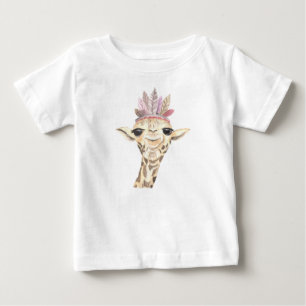 ADORABLE GIRAFFE MIT PINK & TAN FEATHERS BABY T-SHIRT