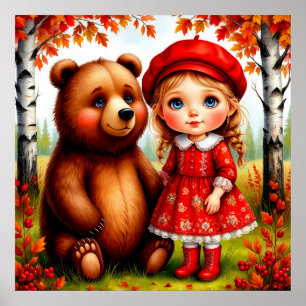 Adorable Girl and Bär in Whimsical Forest Poster