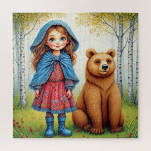 Adorable Girl and Bär in Whimsical Forest Puzzle