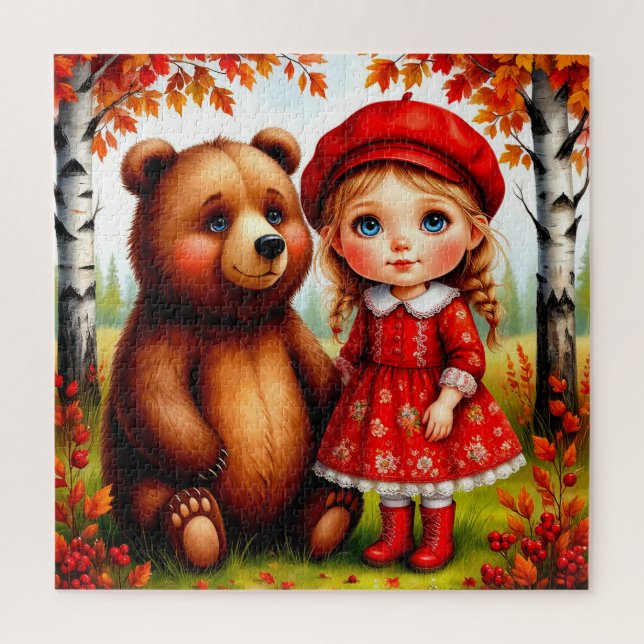 Adorable Girl and Bär in Whimsical Forest Puzzle (Vertikal)