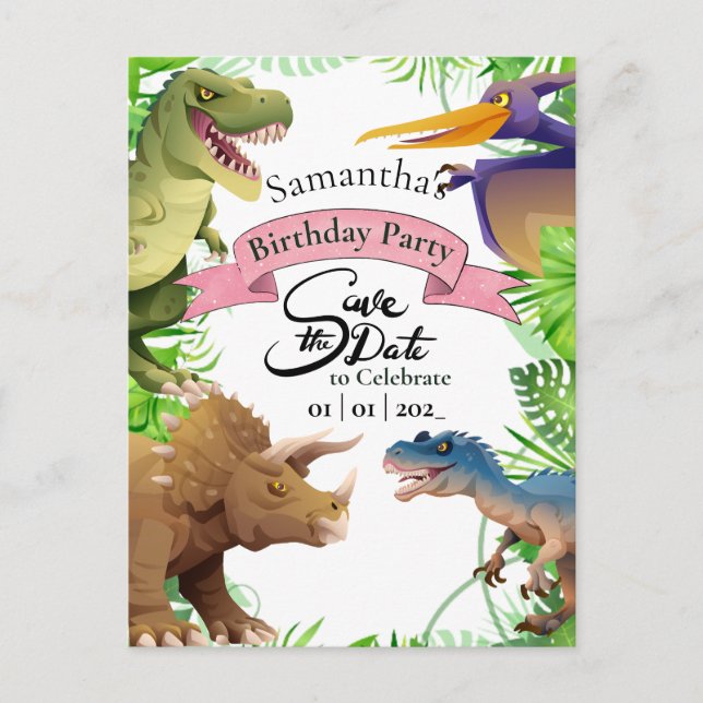 Adorable Girl Dinosaur Birthday Einladung Postkarte (Vorderseite)
