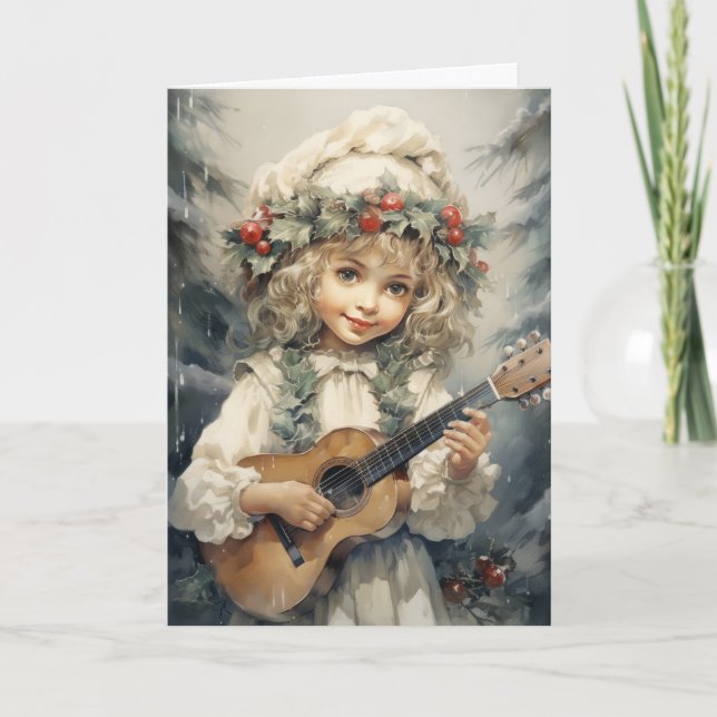 Adorable Girl mit Gitarre Weihnachten Karte (Vorderseite)