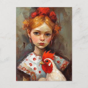 Adorable Girl mit ihrem Hähnchen Postkarte