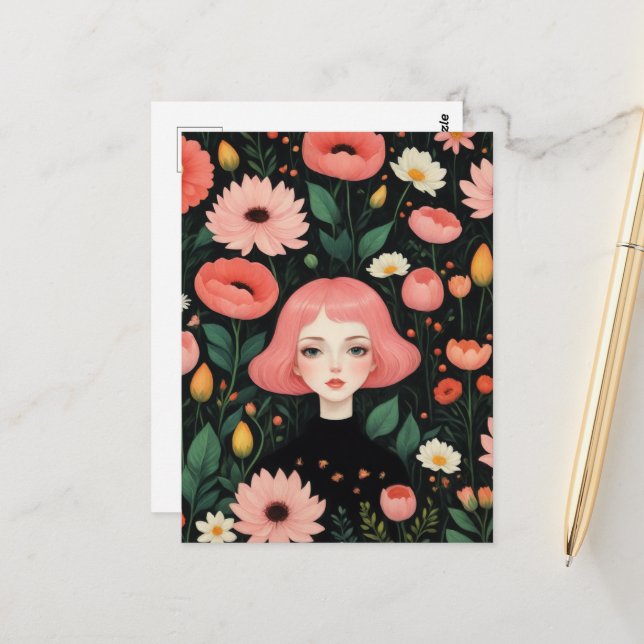 Adorable Girl mit rosa Haar in den Blume Postkarte (Vorderseite/Rückseite Beispiel)