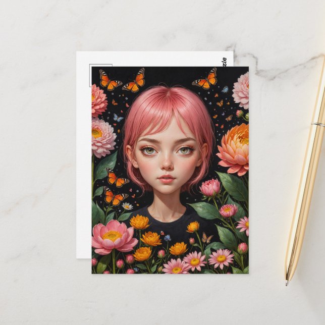 Adorable Girl mit rosa Haar in den Blume Postkarte (Vorderseite/Rückseite Beispiel)