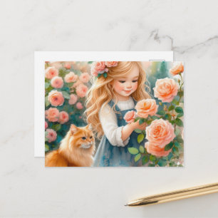 Adorable Girl Picking Rose mit Ginger Cat Postkarte