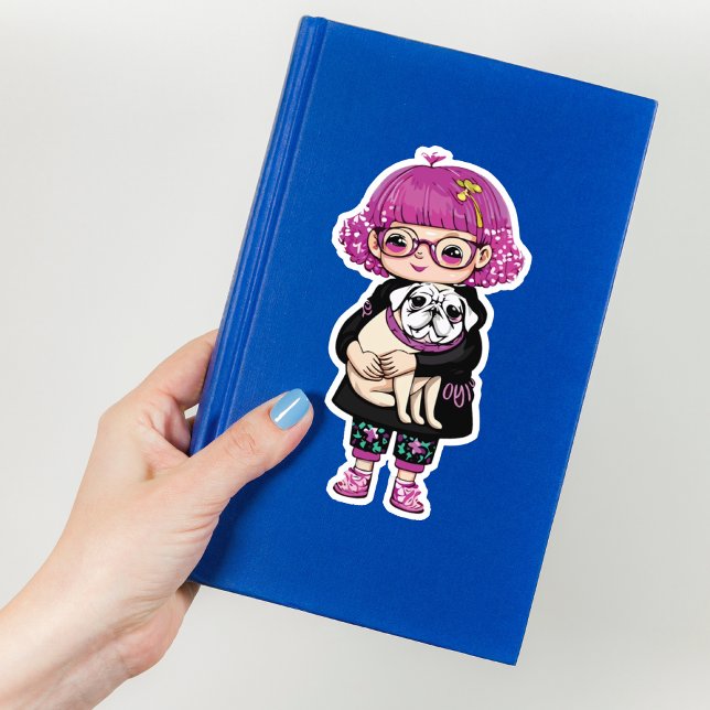 Adorable Girl umarmt einen Mops Aufkleber (Von Creator hochgeladen)